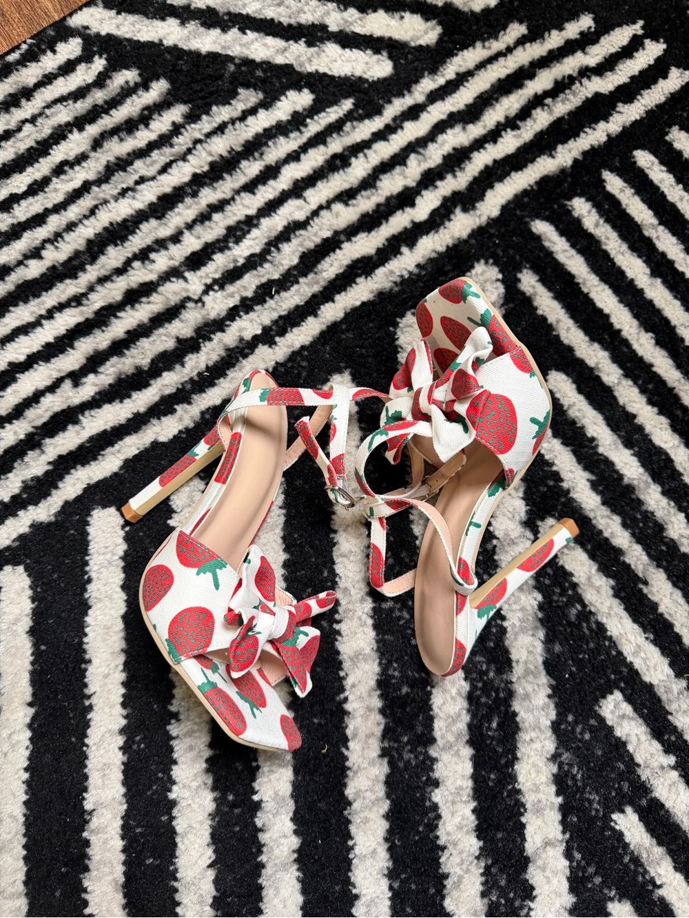White Strawberry Print High Heel Sandals